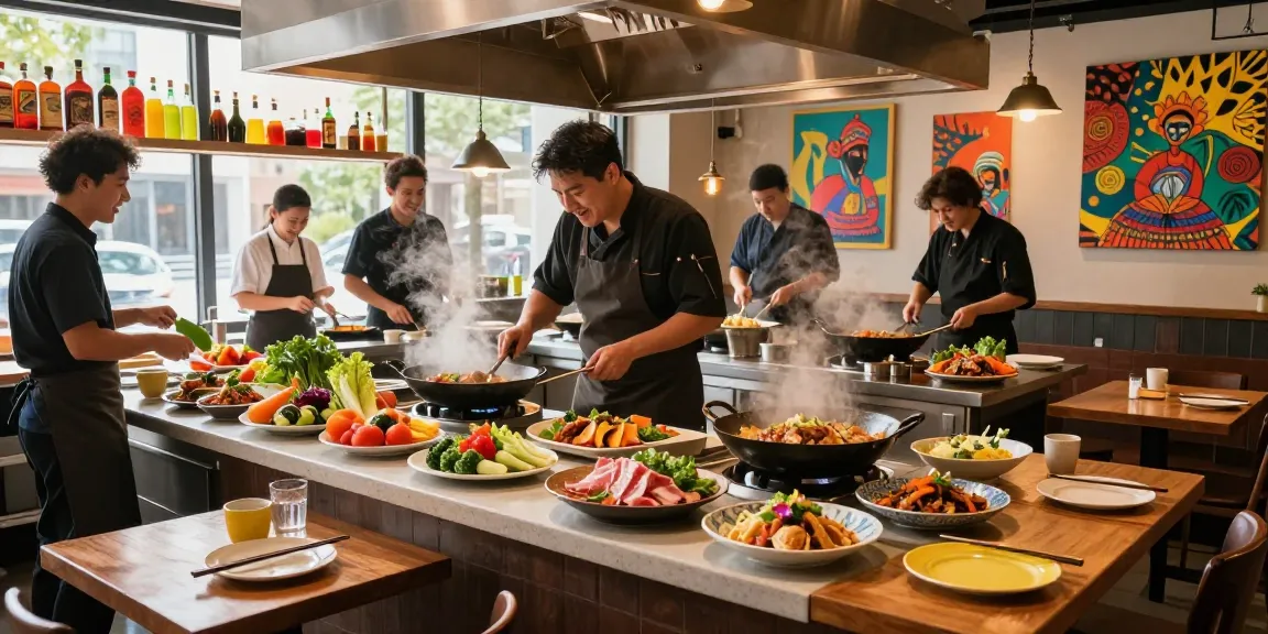 Chefs preparing vibrant dishes at red88 restaurant, showcasing Asian fusion cuisine.