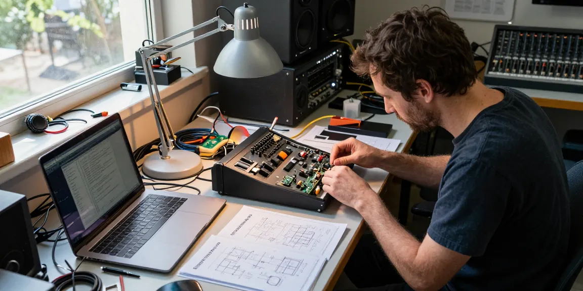 Audio engineer repairing a Tascam DA88 recorder, showcasing intricate equipment and tools in a workshop setting.