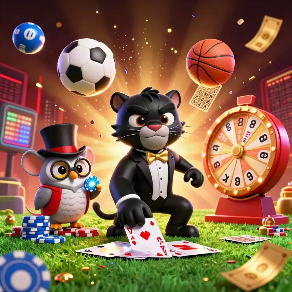 Black panther, owl and mouse amid casino props, lottery balls, soccer ball and basketball explosion
