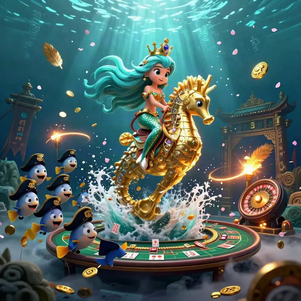 Mermaid princess on armored seahorse amid casino relics, neon underwater treasure and spinning tables.
