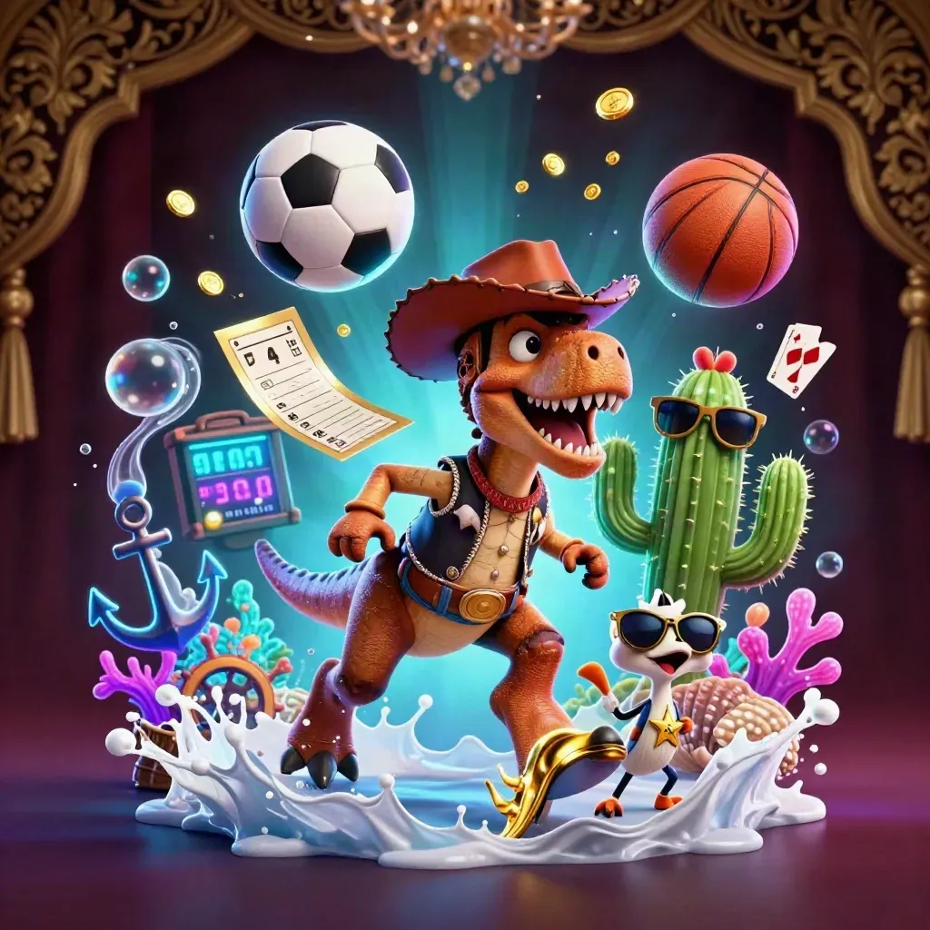 Cowboy T-Rex, cactus sidekick and roadrunner amid coins, coral, bubbles and casino sports gear.
