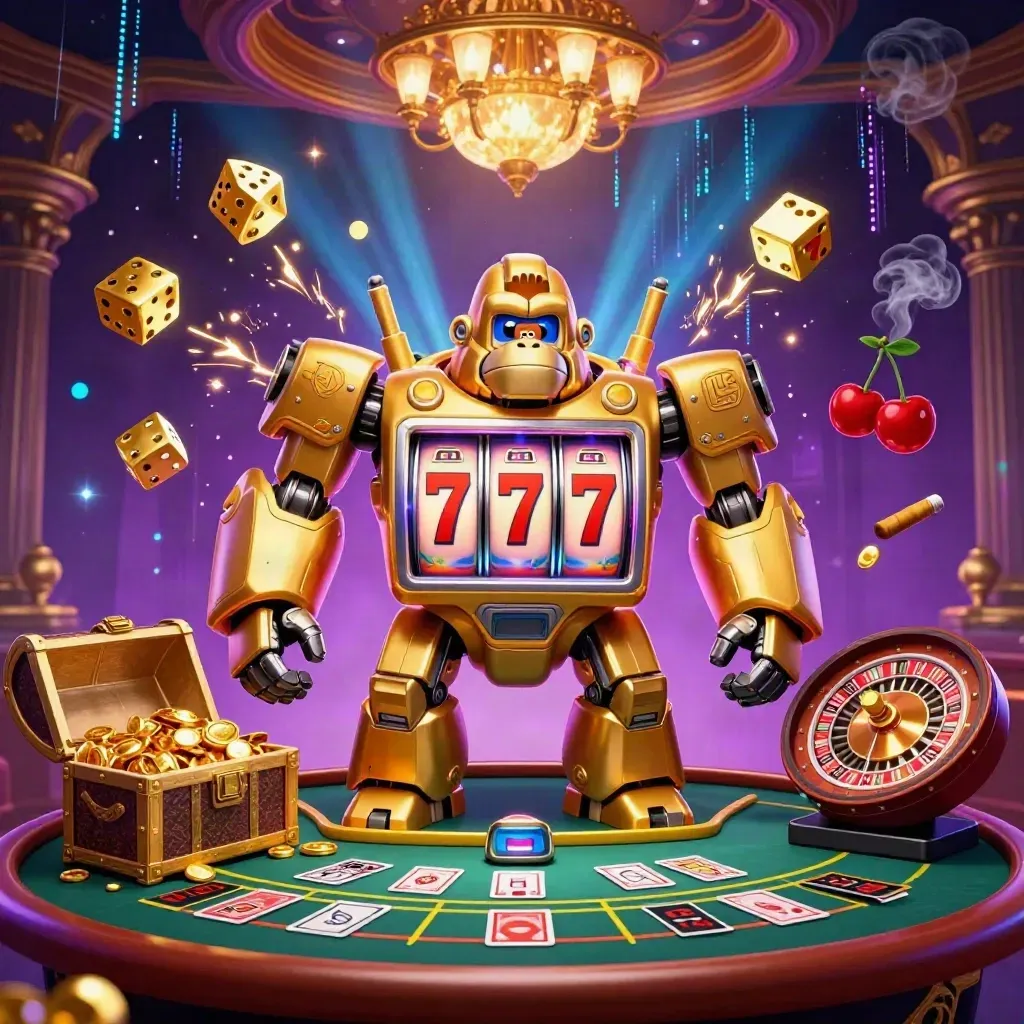 Golden gorilla slot mech with monkey pilot amid jackpot bursts, neon casino lights, and a spinning wheel.