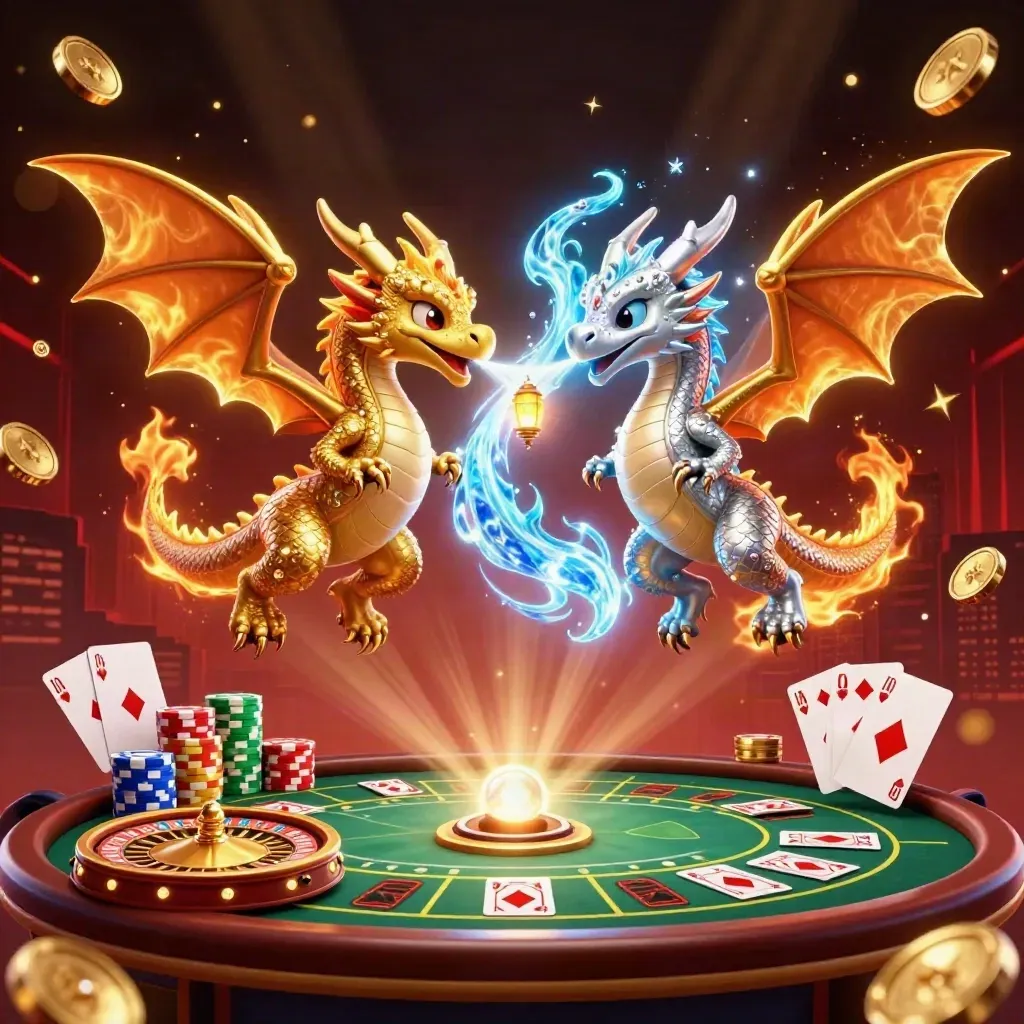 Gold and silver dragons swirl in a neon casino blast with coins, cards, chips, and glowing dice-room light.