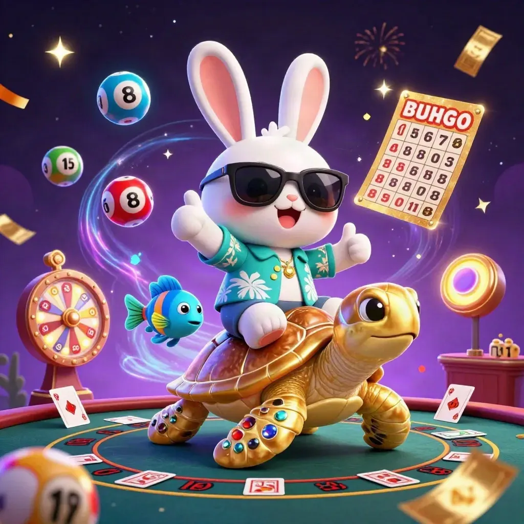 Lucky rabbit rides a gem turtle amid casino prizes, magic swirls, and fireworks.