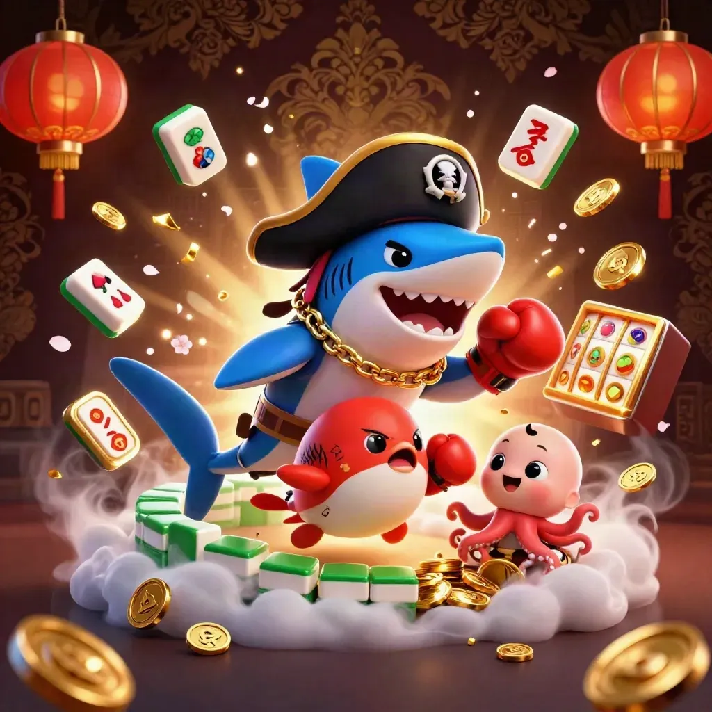 Pirate shark, boxing pufferfish, and juggling octopus amid casino treasures and neon storm effects.