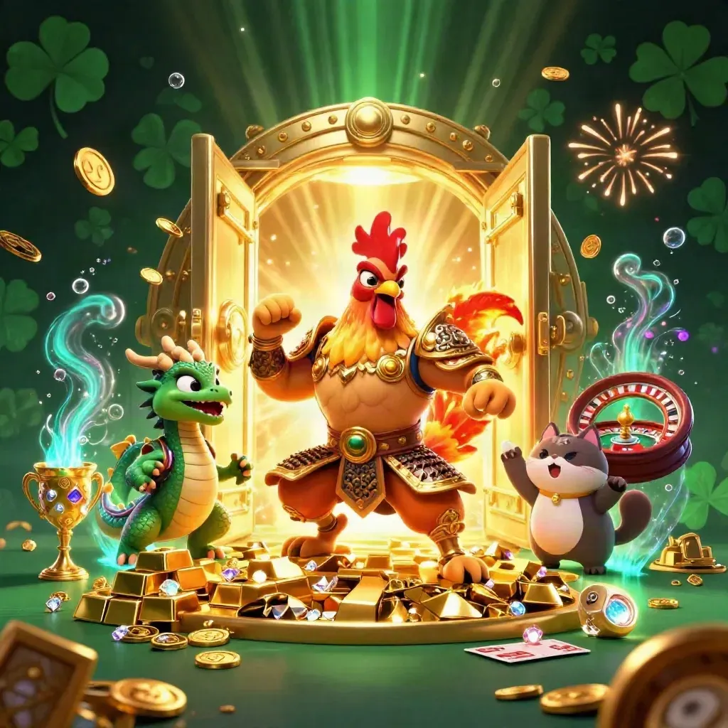 Rooster warrior, dragon hatchling, and fortune-cat burst from a vault amid coins, cards, and fireworks.