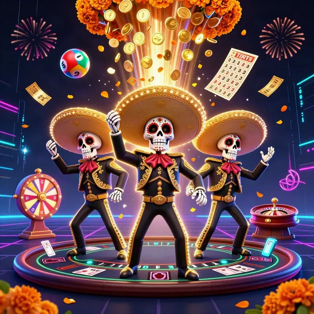 Skeleton mariachi trio amid coins, lottery balls, cards, and neon casino fireworks.