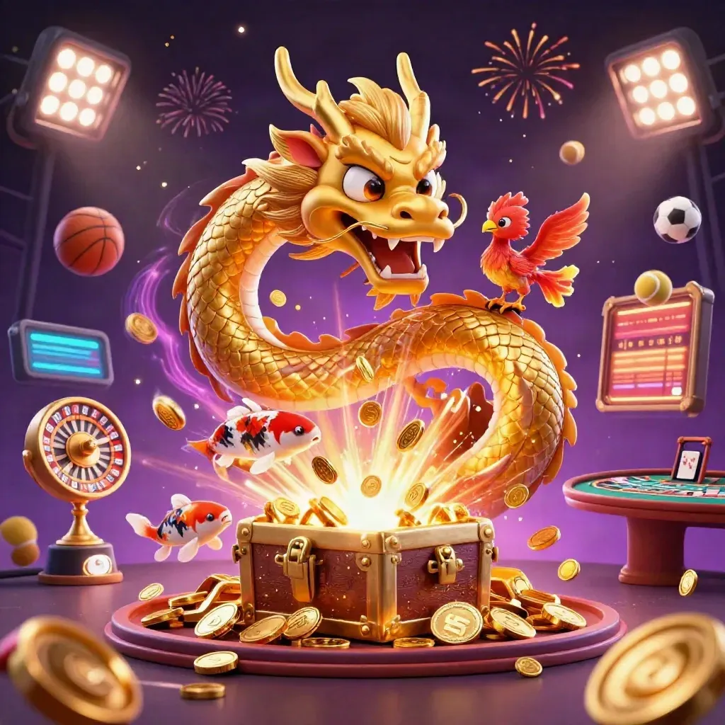 Golden dragon, phoenix and koi amid bursting coins, casino games and fireworks