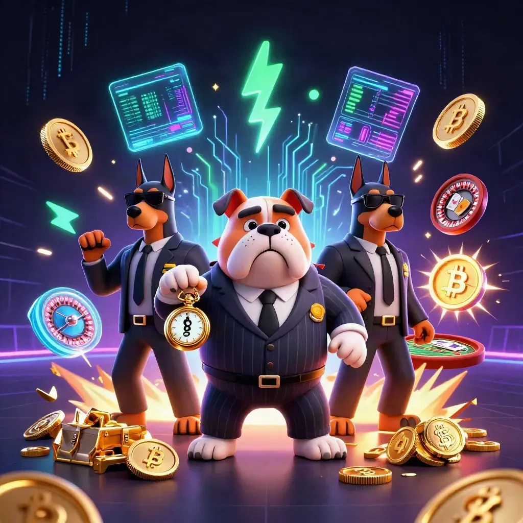 Bulldog mob boss and two Dobermans amid casino vault blast, coins, neon crypto, and fireworks