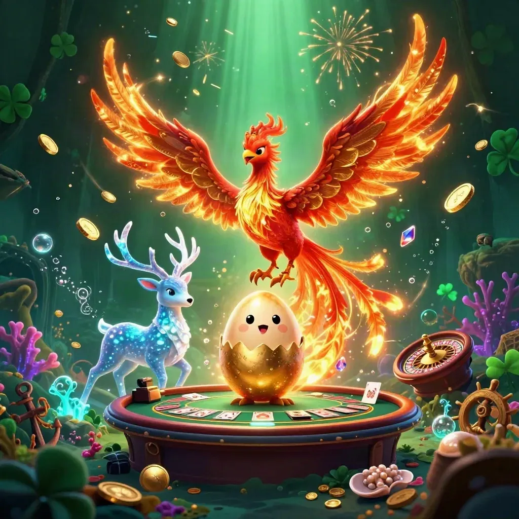 Phoenixes, stag, coins, treasure cove, roulette wheel, and casino table in neon underwater glory.