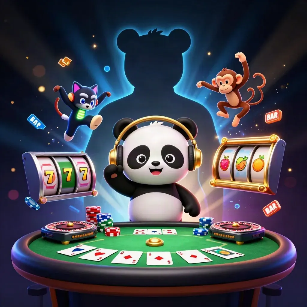 DJ panda, breakdancing monkey and glow-stick kitten amid roulette wheels, chips and neon casino sparks.