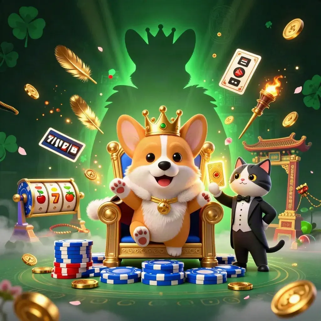 Royal corgi king and cat butler amid casino magic, chips, reels, coins, and glowing temple ruins.