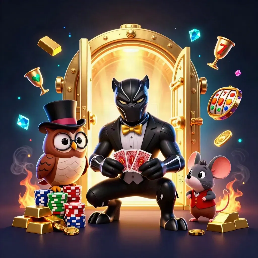 Panther, owl, and mouse amid a vault blast, chips, gems, and glowing reels.