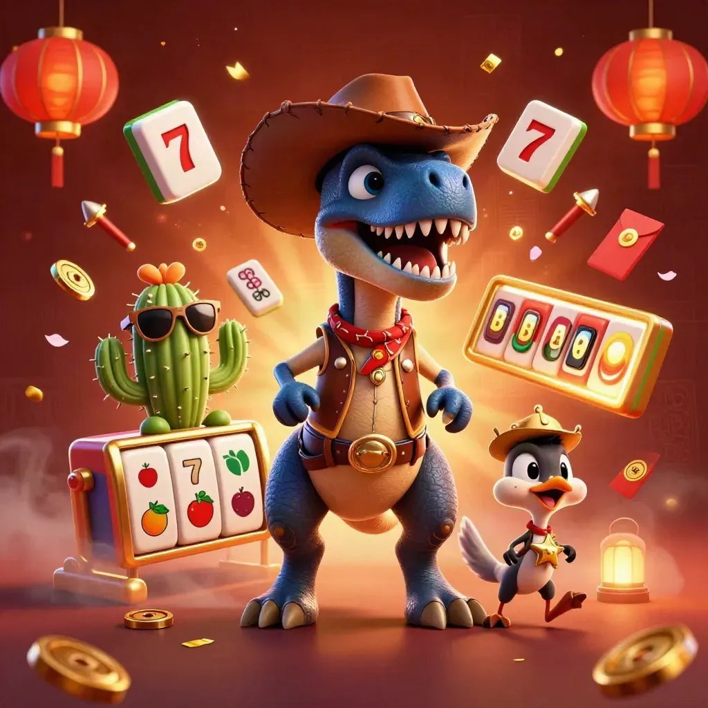 Cowboy T-Rex, cactus sidekick, and roadrunner amid casino spins, lanterns, jade coins, and gold sparks.