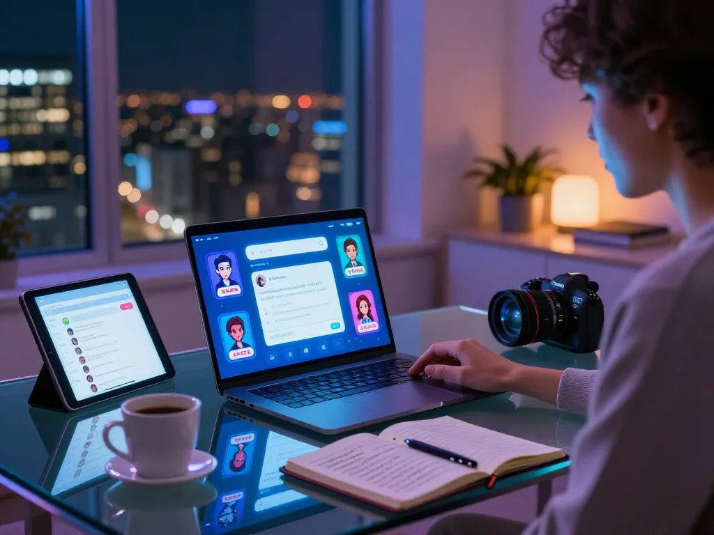 Engaging in an ai nsfw chat experience on a modern laptop in a vibrant workspace.